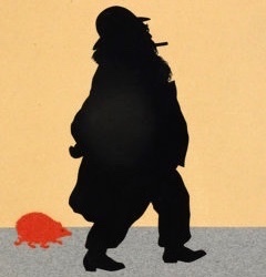 Silhouette of Brahms being followed by a red hedgehog