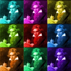 3-by-3 grid of repeated image of Beethoven, each in a different vibrant colour