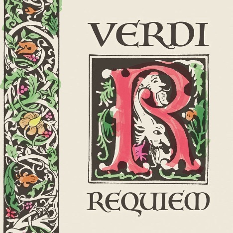 The text “VERDI REQUIEM” surrounding an ornate “R”