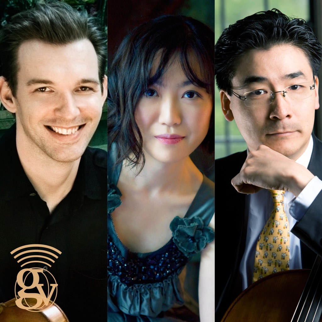 Three panel portraits of the member of the Horszowski Trio, Jesse Mills, Rieko Aizawa and Ole Akahoshi