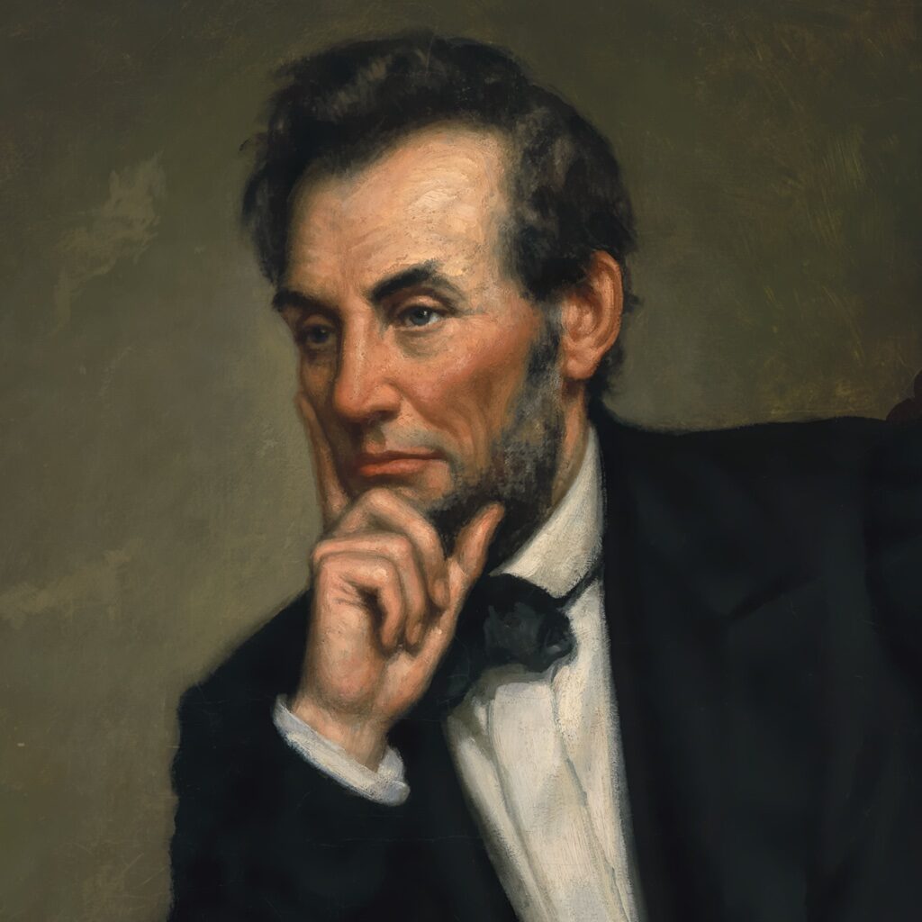 Oil painting from 1887 of US president Abraham Lincoln, seated, resting his head in his hand, by artist George Healy.
