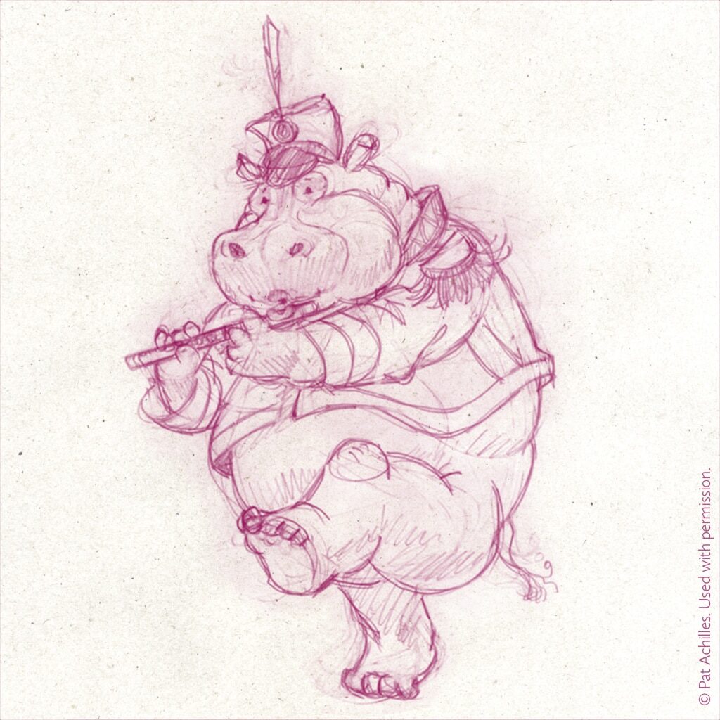 Sketch of a cartoon hippo playing the flute wearing a marching band jacket and hat.