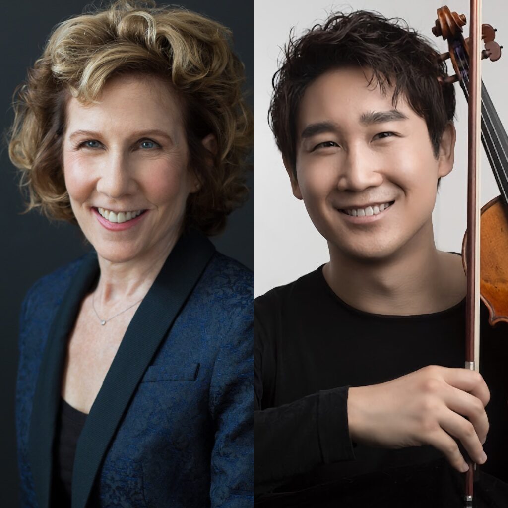 Composite portrait photograph of conductor Barbara Yahr and violinist Xiao Wang.