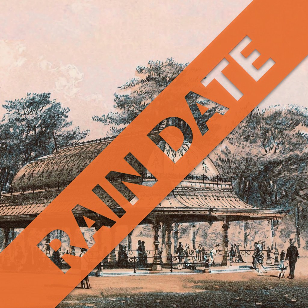1873 design for a pavilion in Concert Grove, Prospect Park, Brooklyn emblazoned with the text “RAIN DATE”