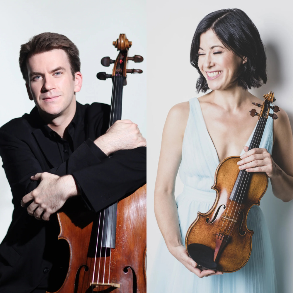 Composite portrait of cellist Edward Arron and violinist Jennifer Frautschi