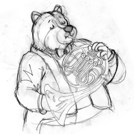 Sketch of a bear in evening dress playing a French horn