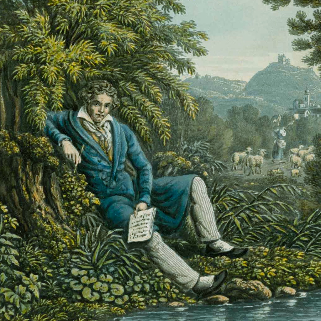 Lithograph of Beethoven reposed in the countryside, the score of the Sixth Symphony in is hand