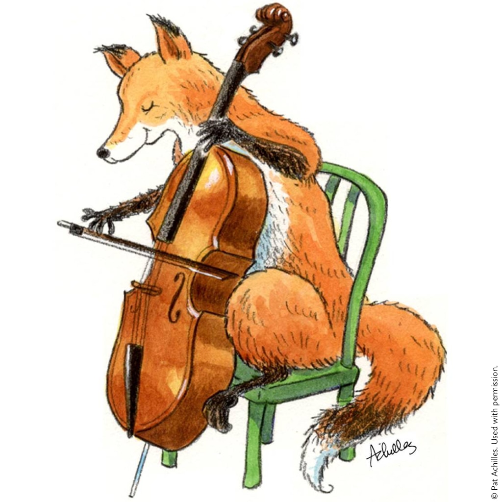 Painting of an anthropomorphic fox playing the cello.