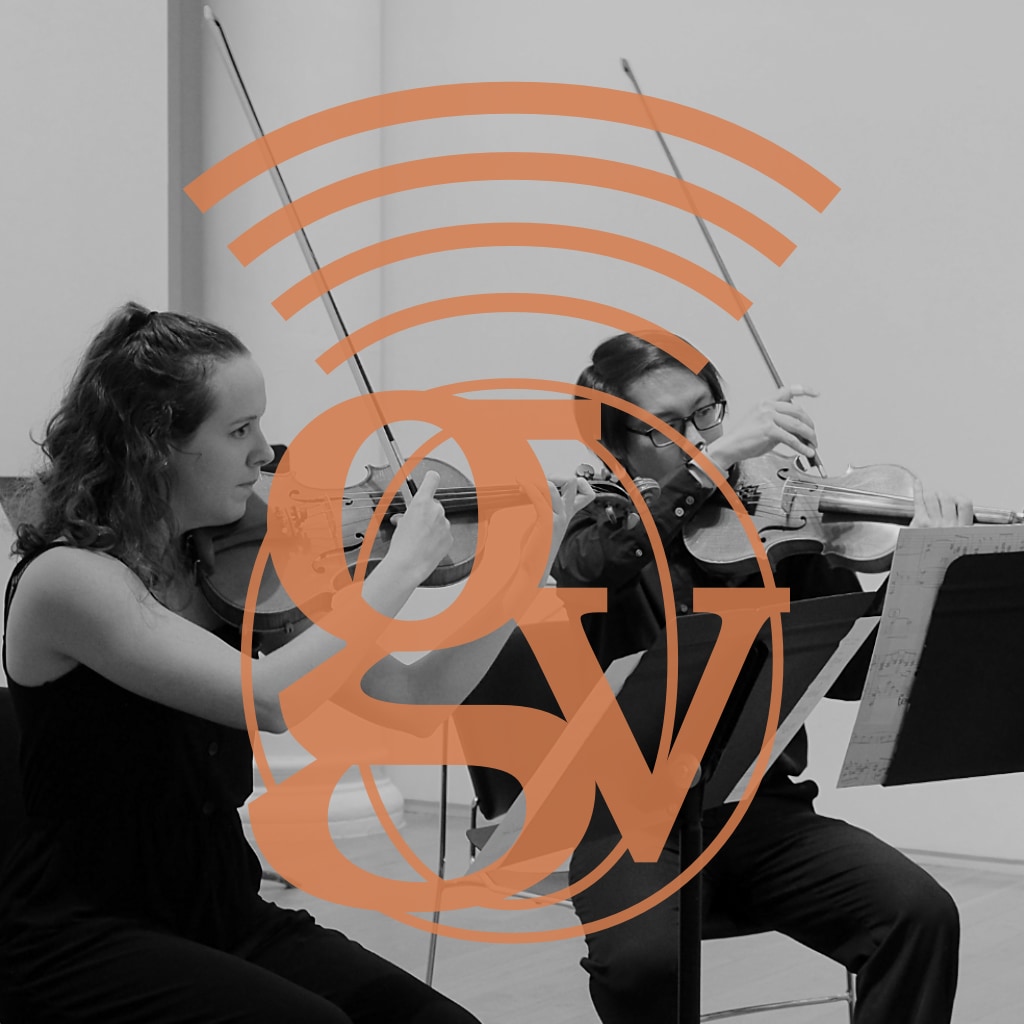 Black and white photo of two violinists performing with the GVO “broadcasting” logo overlaid